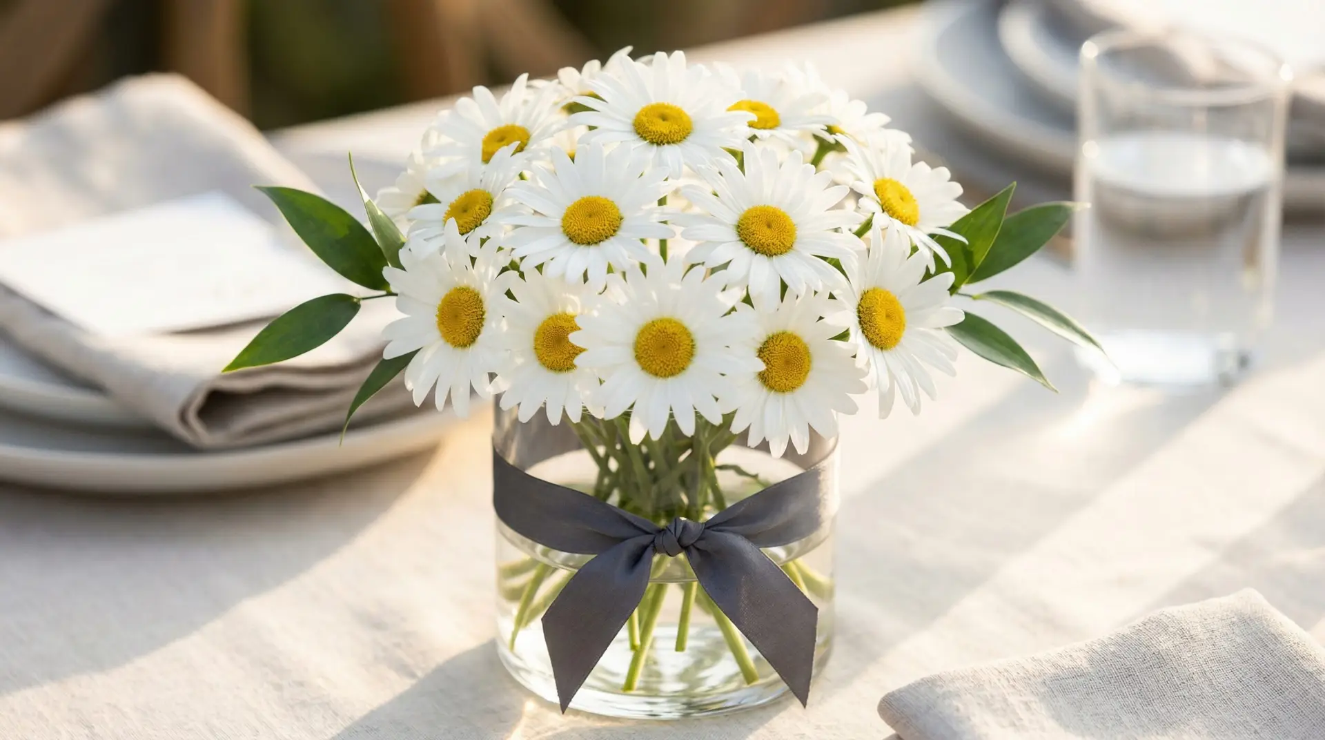 A clear low glass vase holds a compact dome of white Shasta Daisy blooms with yellow centers and a small touch of ruscus greenery. The bouquet sits on a softly blurred event table in warm natural light.