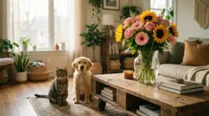 A golden retriever and tabby cat sitting near a vase of pet-safe flowers including sunflowers, roses, and gerbera daisies on a wooden table.