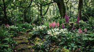 A shaded woodland garden corner with white hellebores, purple foxgloves, and pink astilbe under dappled tree canopy light.