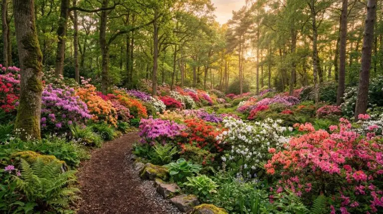 Azalea garden design ideas for a breathtaking spring landscape under trees