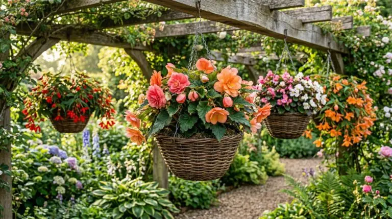 Growing tuberous begonias in hanging baskets for cascading summer color