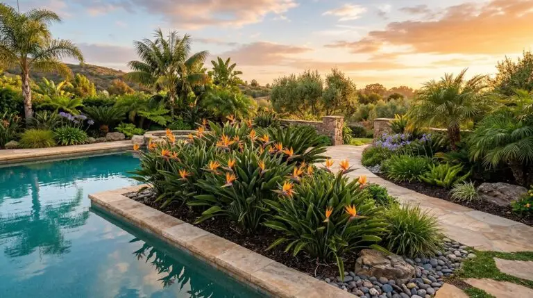 Bird of paradise in tropical landscape design for a resort-style backyard
