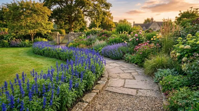 Growing blue salvia as a fragrant edging plant along walkways and garden paths