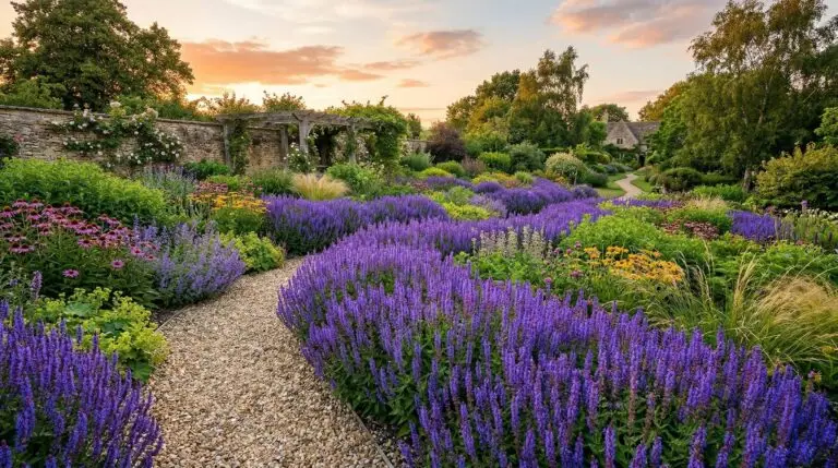Blue salvia in mass plantings for dramatic sweeps of color in large gardens