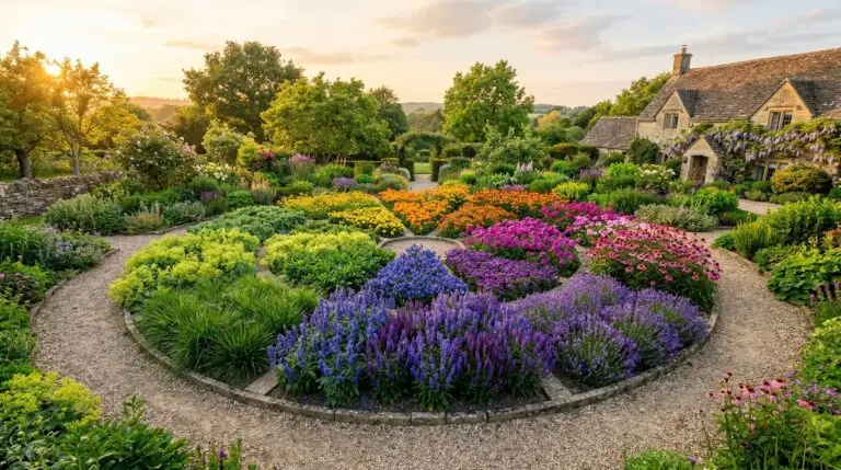Blue salvia and yellow marigold together for a classic complementary color garden