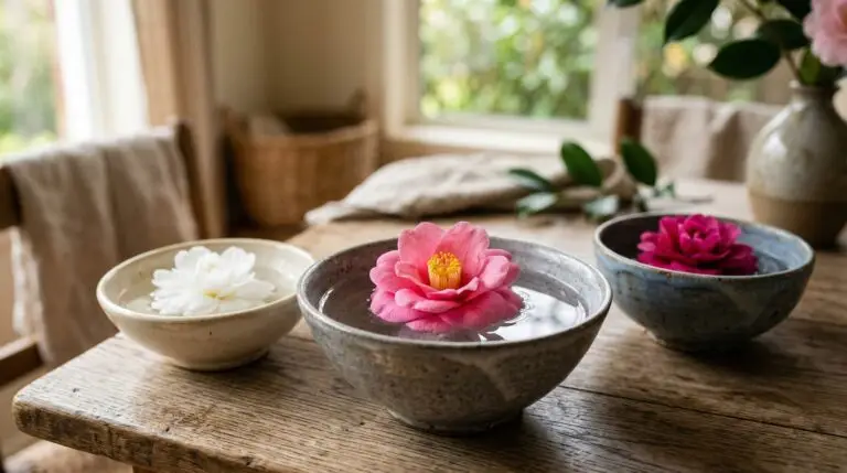 Using camellia flowers for floating arrangements and simple winter table decor