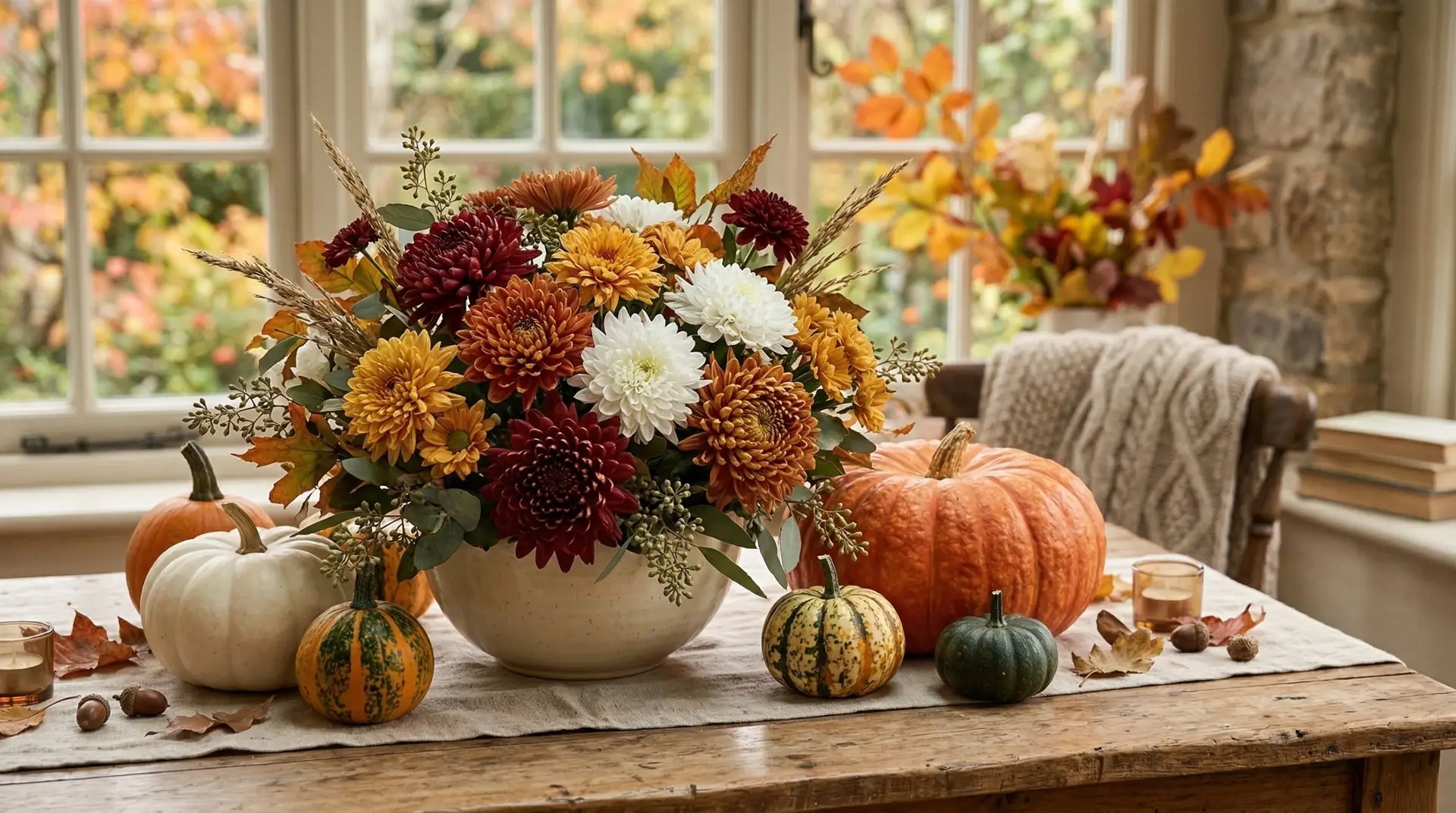Chrysanthemum - Fall porch and front door displays using chrysanthemums pumpkins and autumn decor