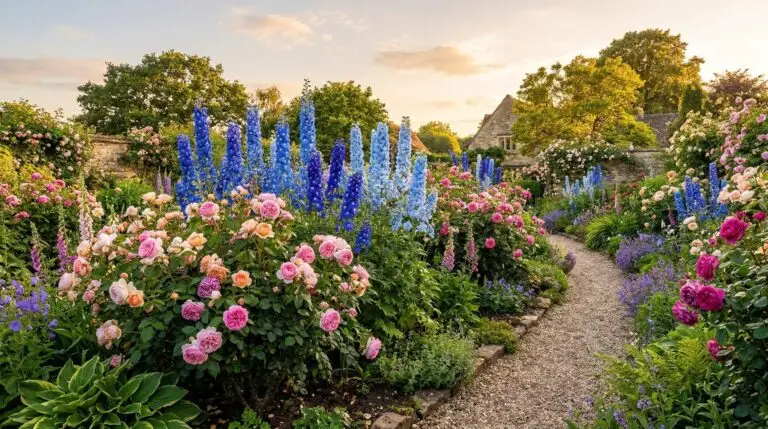 Companion plants for delphiniums that create a classic English cottage garden border