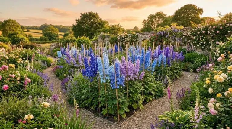 Staking delphiniums properly so tall flower spikes survive wind and rain storms