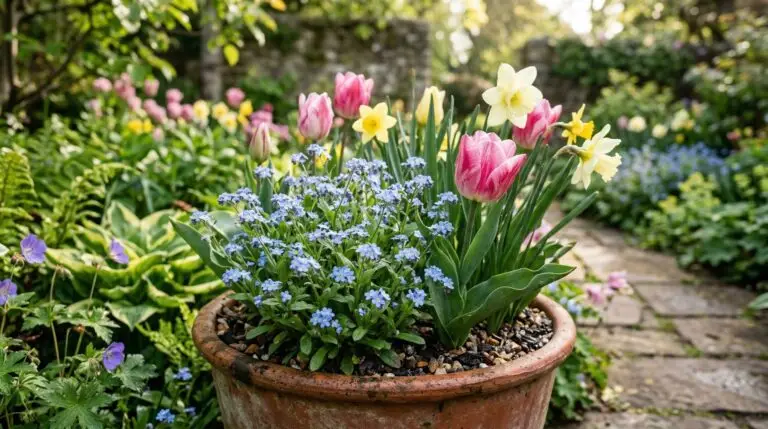 Forget-me-nots in containers and window boxes for spring cottage charm
