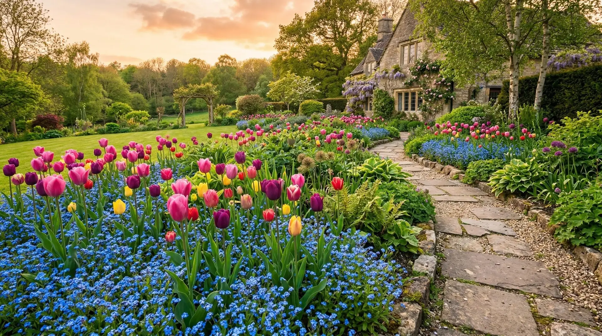 Forget-Me-Not - Forget-me-nots as ground cover under spring bulbs for a layered woodland look