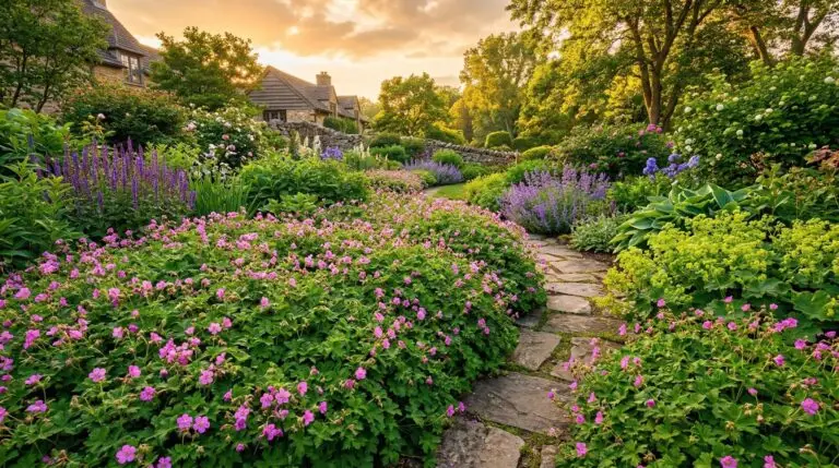 Using hardy geraniums as weed-suppressing ground cover under roses and shrubs