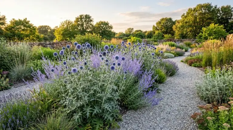 Companion plants for globe thistle in a drought-tolerant garden that thrives on neglect
