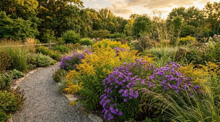 Companion plants for goldenrod in a native fall meadow garden that glows