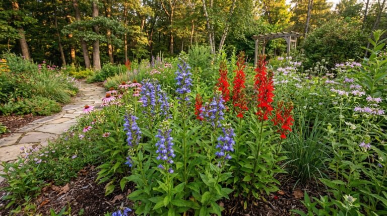 Companion plants for great blue lobelia in a native late summer garden