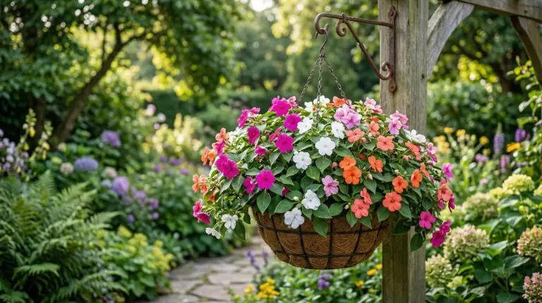 Growing impatiens in hanging baskets for cascading color on porches and patios