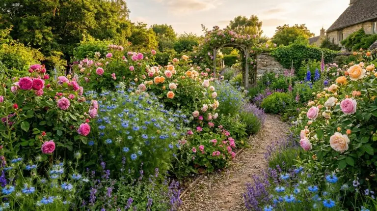 Companion plants for love-in-a-mist in a romantic cottage garden scheme