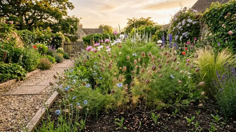 Love-in-a-mist as a self-sowing annual that creates a cottage garden on autopilot