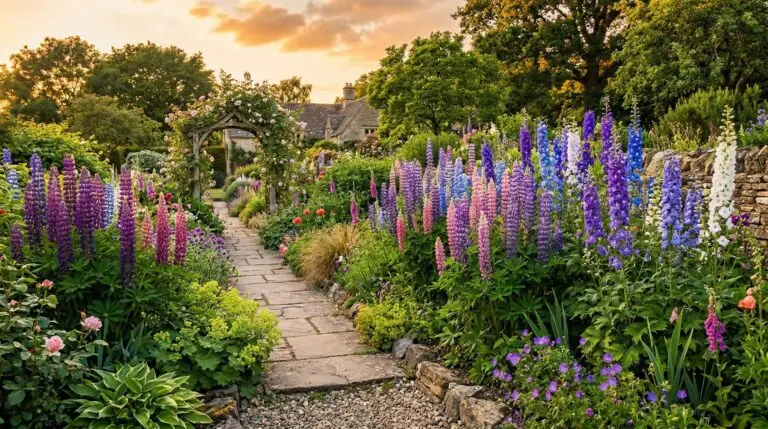 Companion plants for lupines in a classic English cottage garden border