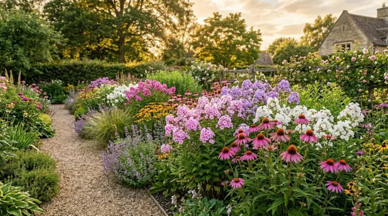 Companion plants for tall garden phlox in a fragrant midsummer flower border