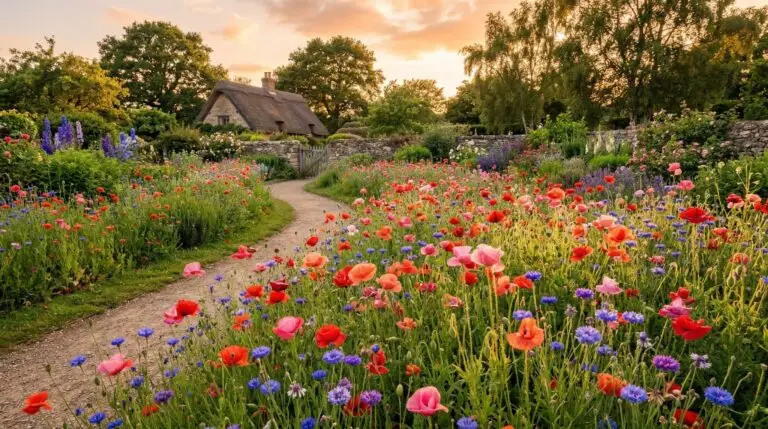 Companion plants for poppies in a romantic wildflower garden that looks effortless