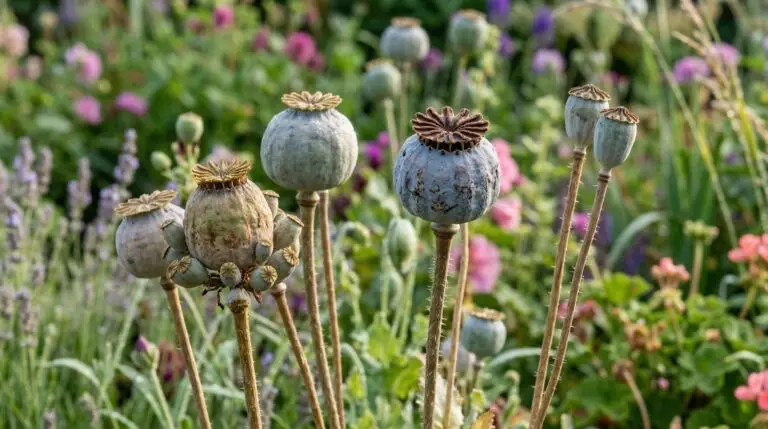 Poppy seed pods in dried flower arrangements and crafts for lasting garden beauty