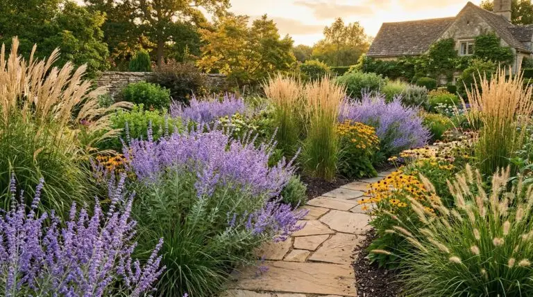 Companion plants for Russian sage in a billowy blue and purple perennial border
