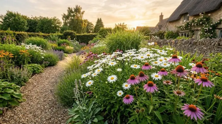 Companion plants for Shasta daisies in a classic white garden or cottage border