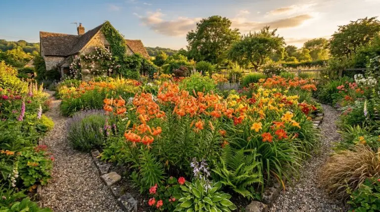 Companion plants for tiger lilies in a naturalized midsummer garden border