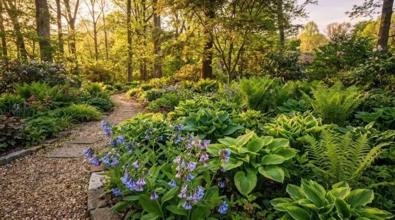 Companion plants for Virginia bluebells in shade gardens from spring through fall