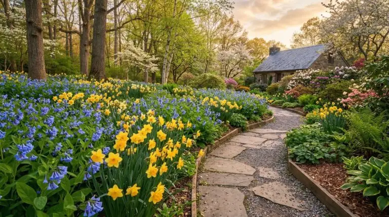 Virginia bluebells combined with daffodils for the ultimate spring woodland color combination