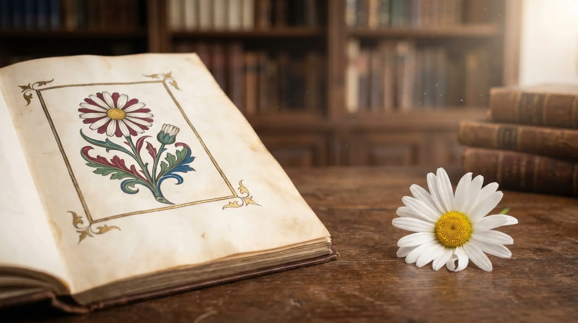 Medieval manuscript page with illuminated daisy illustration beside fresh daisy bloom on oak desk
