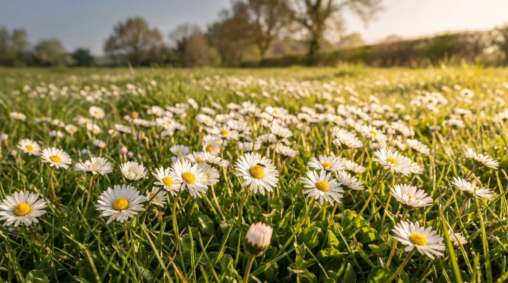 Wild meadow of blooming English daisies with yellow centers in spring sunshine showing day's eye behavior