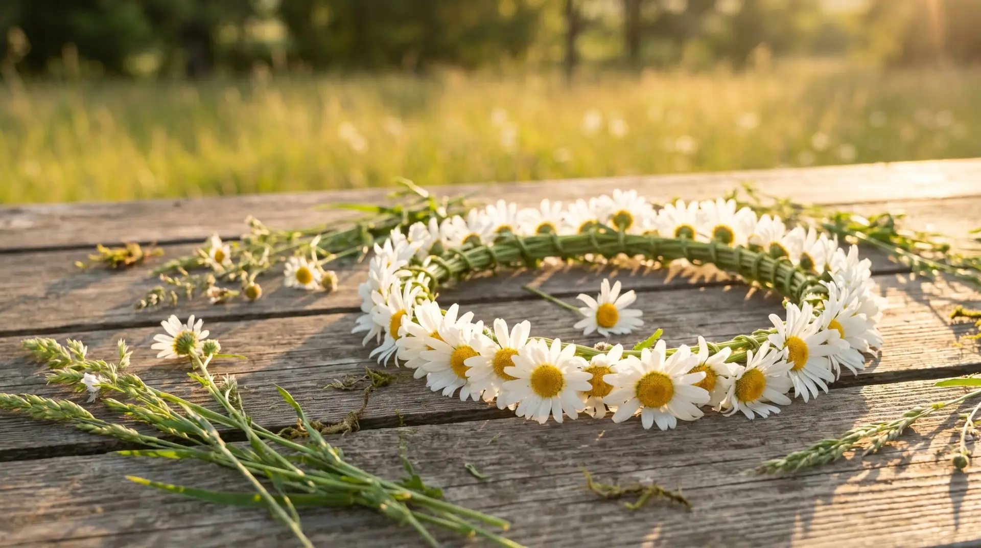 Hand-made wild daisy chain crown on weathered natural surface evoking Norse pastoral folk tradition