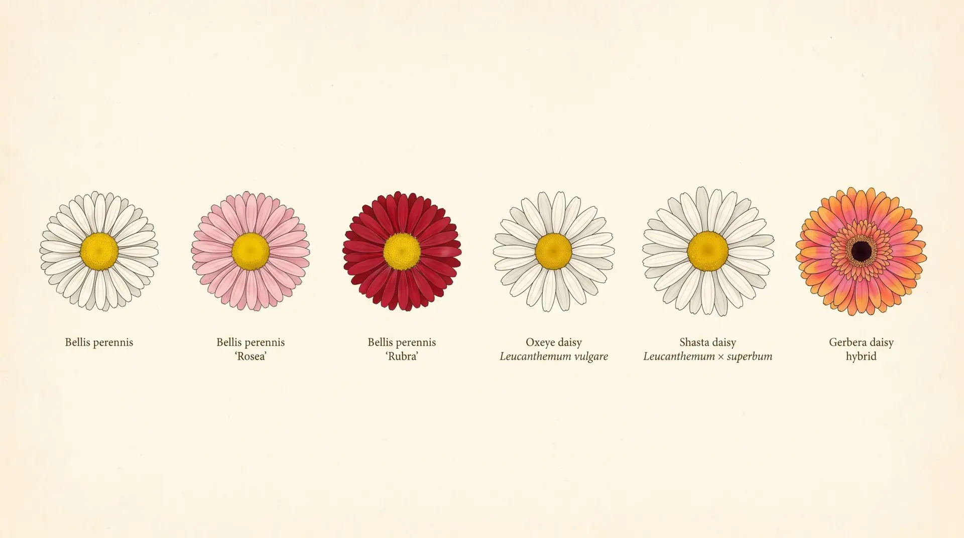 Six daisy varieties in botanical illustration: white pink red oxeye Shasta and gerbera composite head structure
