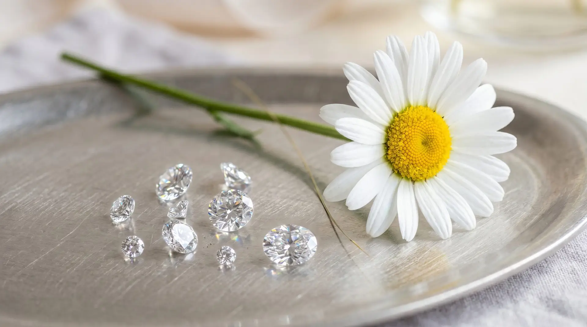 Single fresh white daisy with yellow center beside scattered loose faceted diamond stones on silver surface