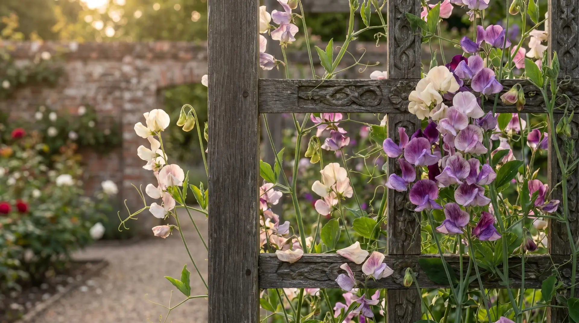 Wooden garden trellis covered with climbing sweet pea vines in mixed Edwardian-era cream pink mauve colors