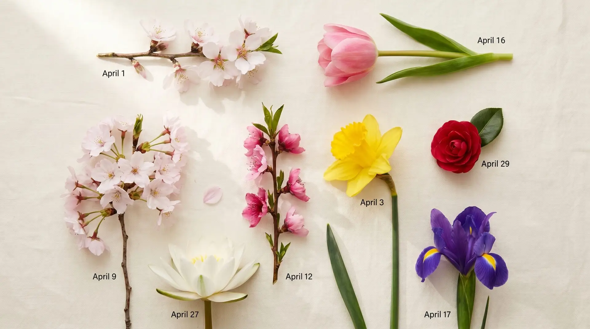 Flat-lay of Korean April birth flowers including almond cherry tulip daffodil camellia and water lily