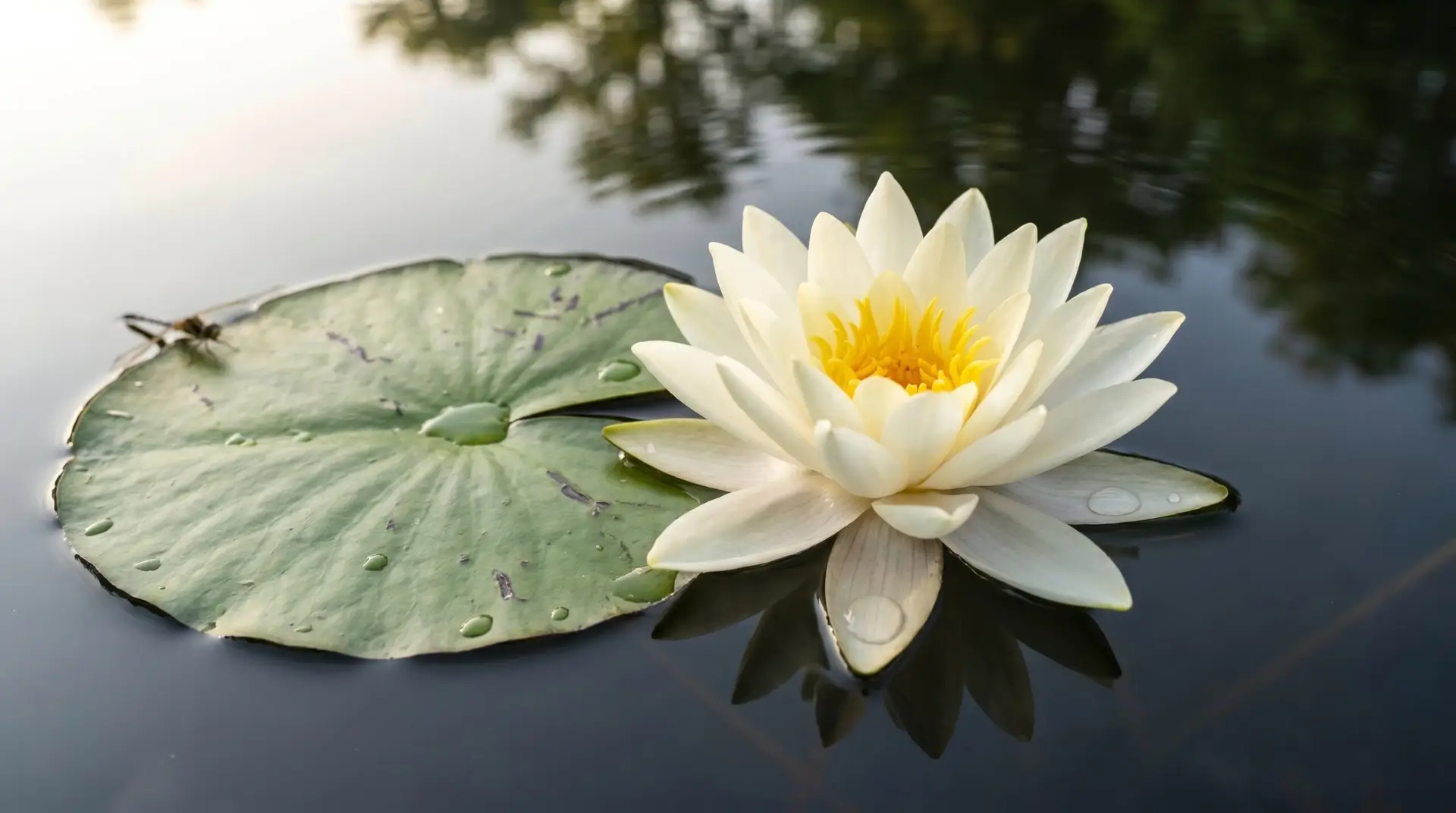 Single white water lily with yellow center floating on still pond water with green lily pad