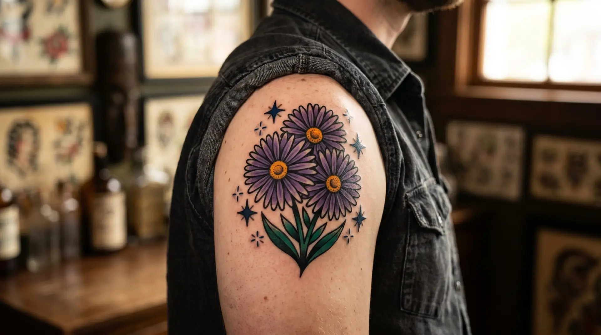 Traditional American purple aster tattoo on shoulder with accent stars and bold outline