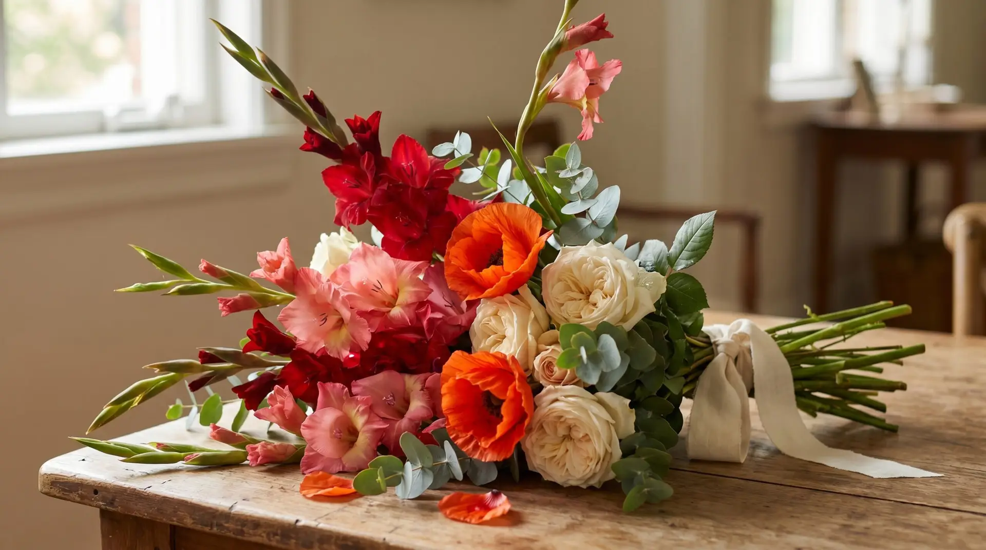 August birthday bouquet with red gladiolus oriental poppy cream roses and eucalyptus on wooden table