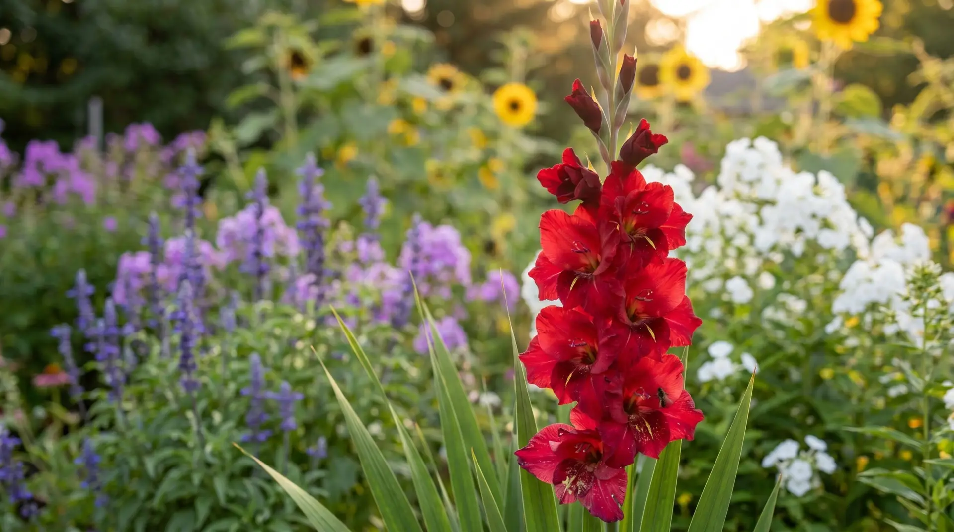 Tall deep red gladiolus spire in full summer cottage garden bloom as August primary birth flower