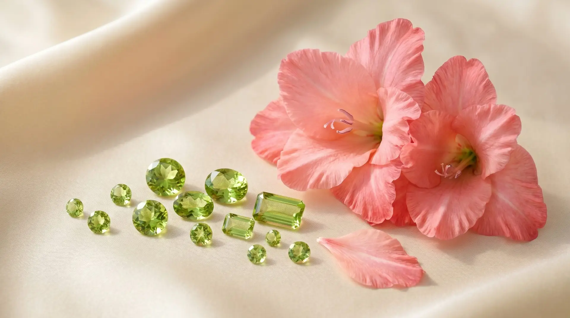 Pink gladiolus flower beside scattered loose peridot gemstones on cream silk birthstone pairing