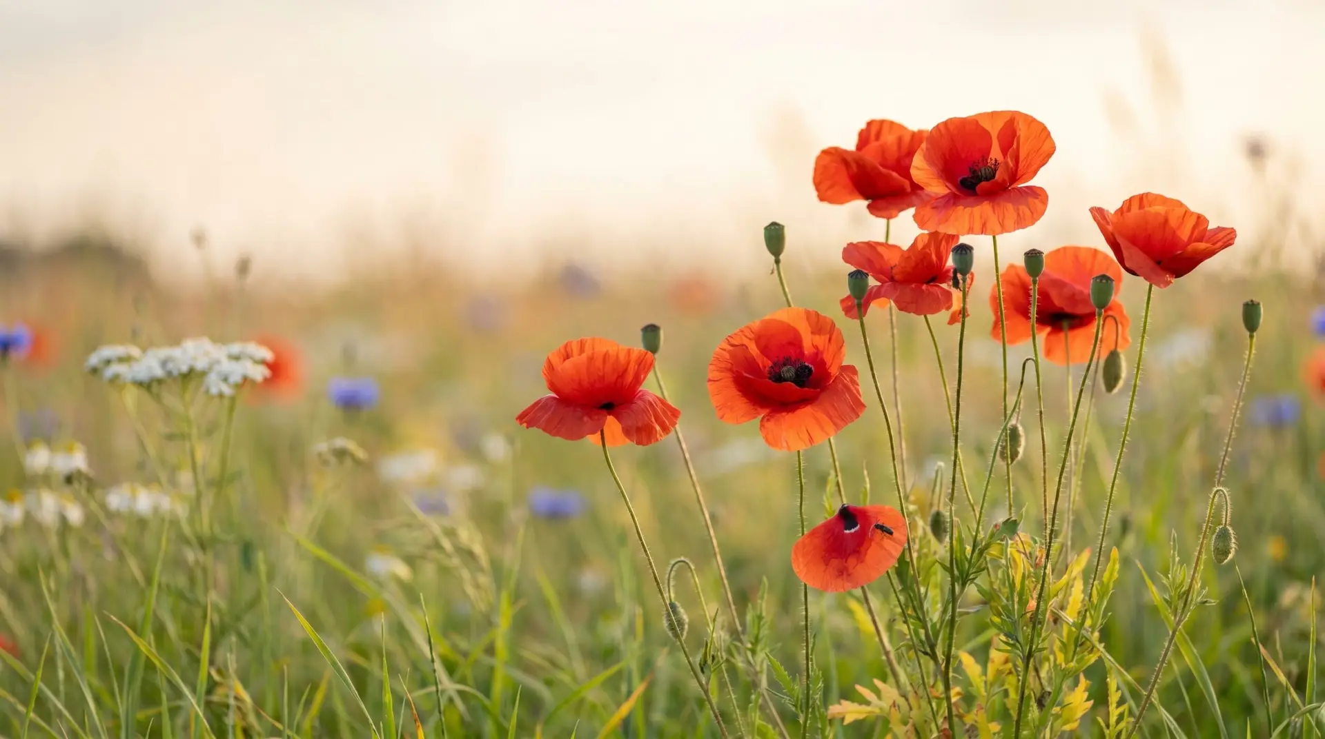 Bright red field poppies Papaver rhoeas blooming in summer meadow with crumpled paper-like petals