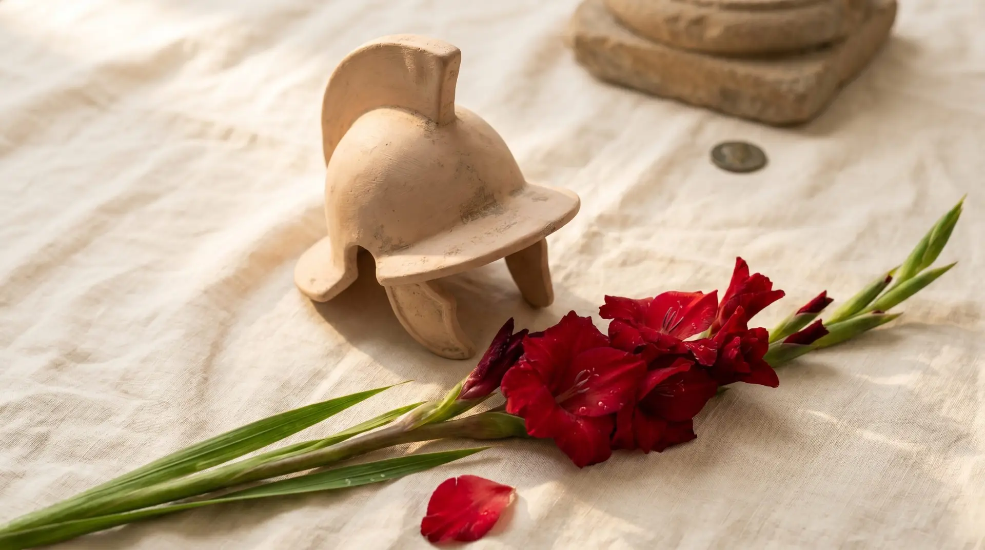 Roman gladiator helmet replica beside fresh red gladiolus spike on cream linen historical reference