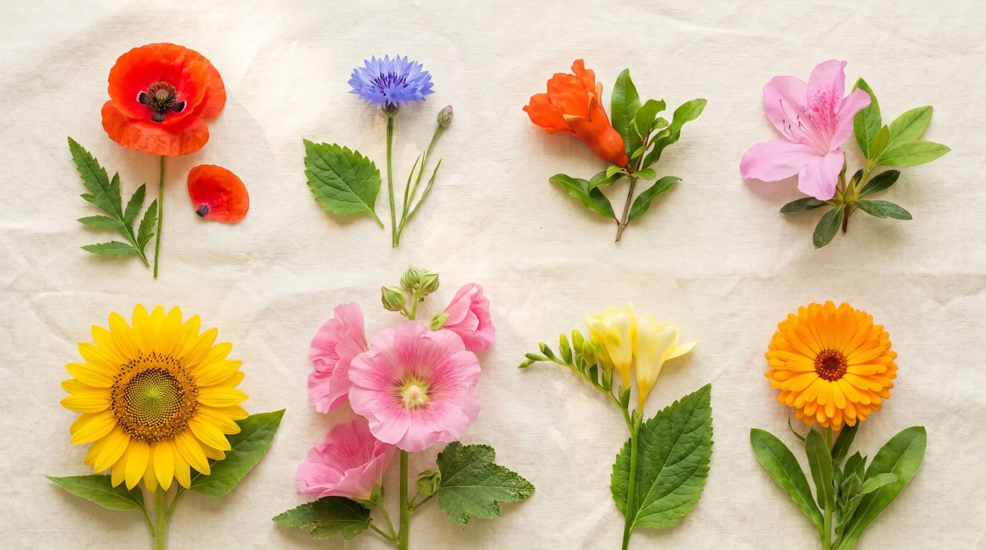 Korean August birth flower variety flat-lay with hibiscus lotus sunflower dahlia and cosmos