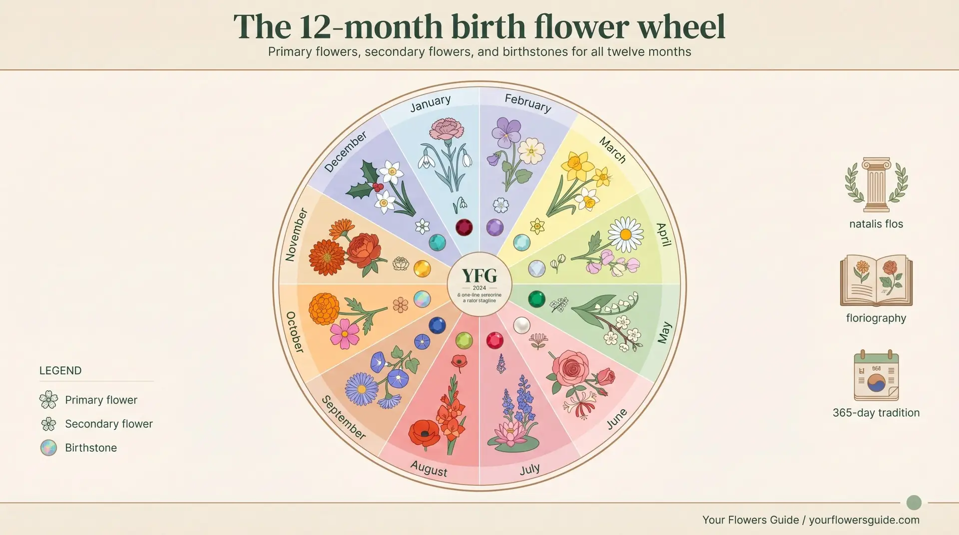 Circular infographic of all twelve monthly birth flowers, secondary flowers and birthstones