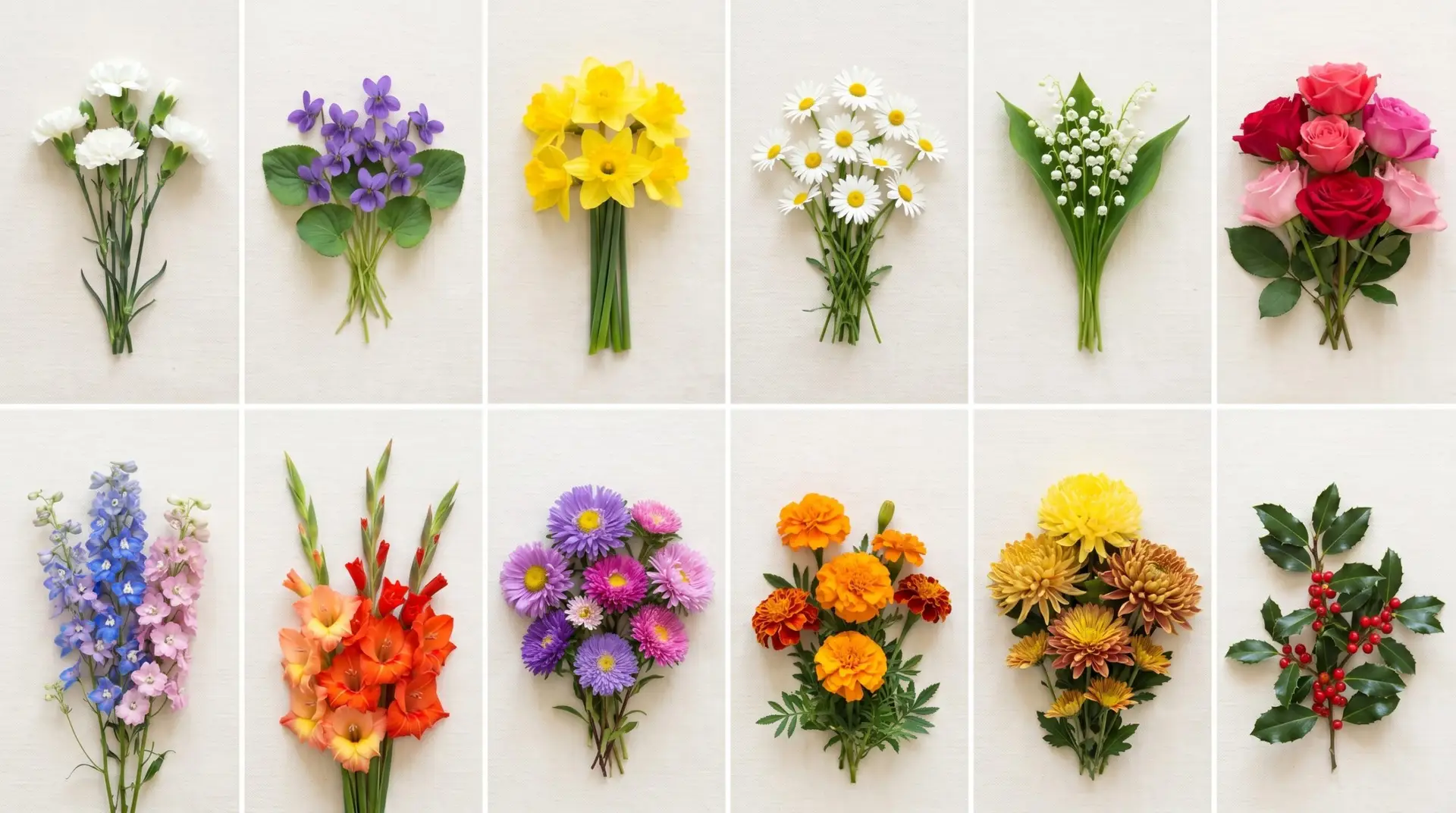 All twelve birth flowers arranged seasonally on cream linen