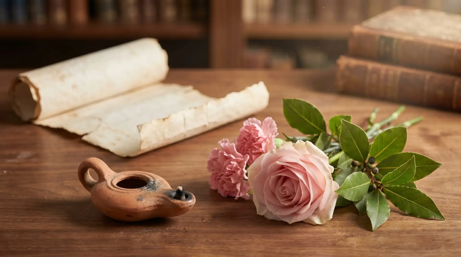 Roman birthday flowers still life with rose, carnation and oil lamp