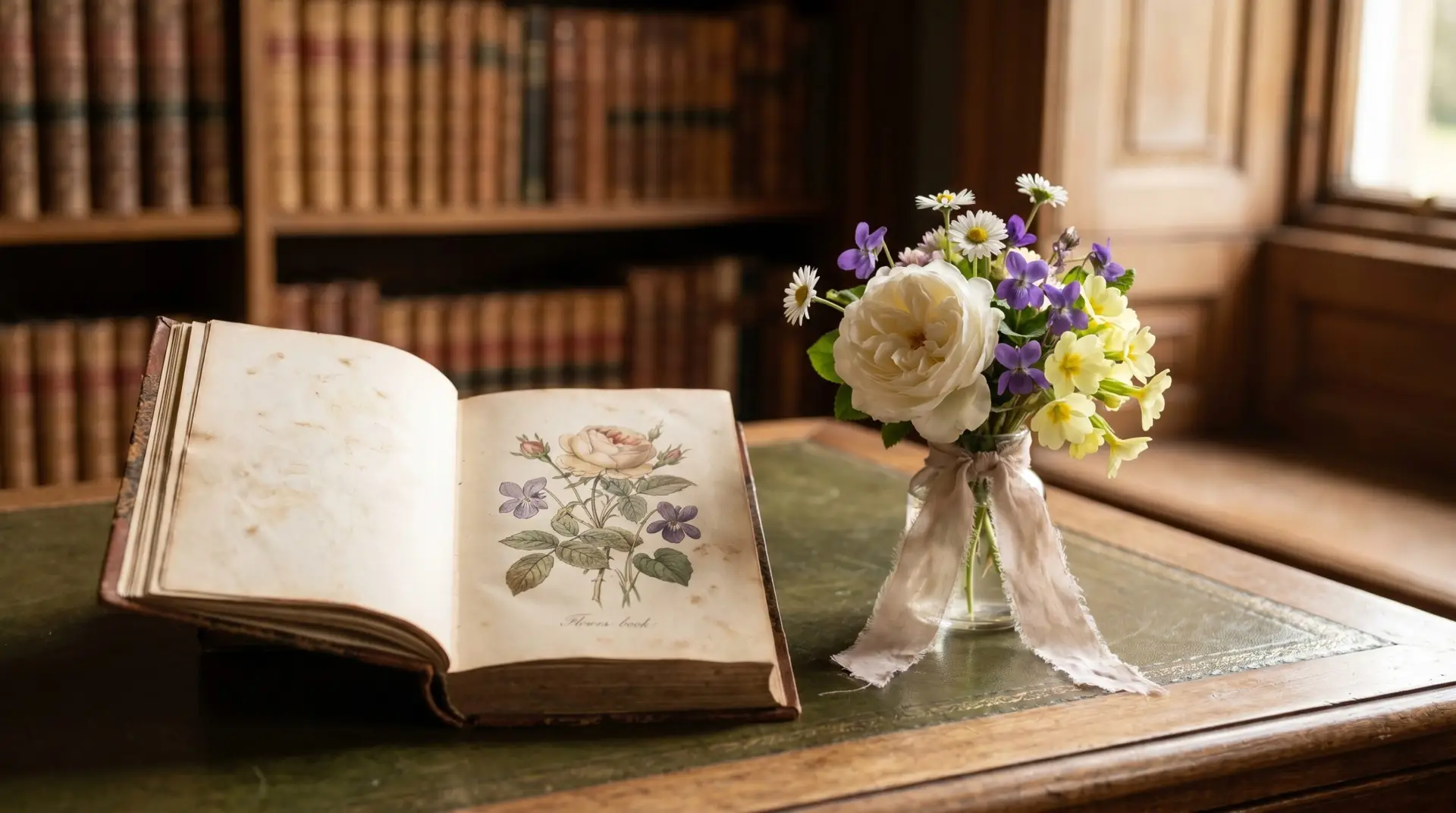 Open antique Victorian flower book beside a small bouquet
